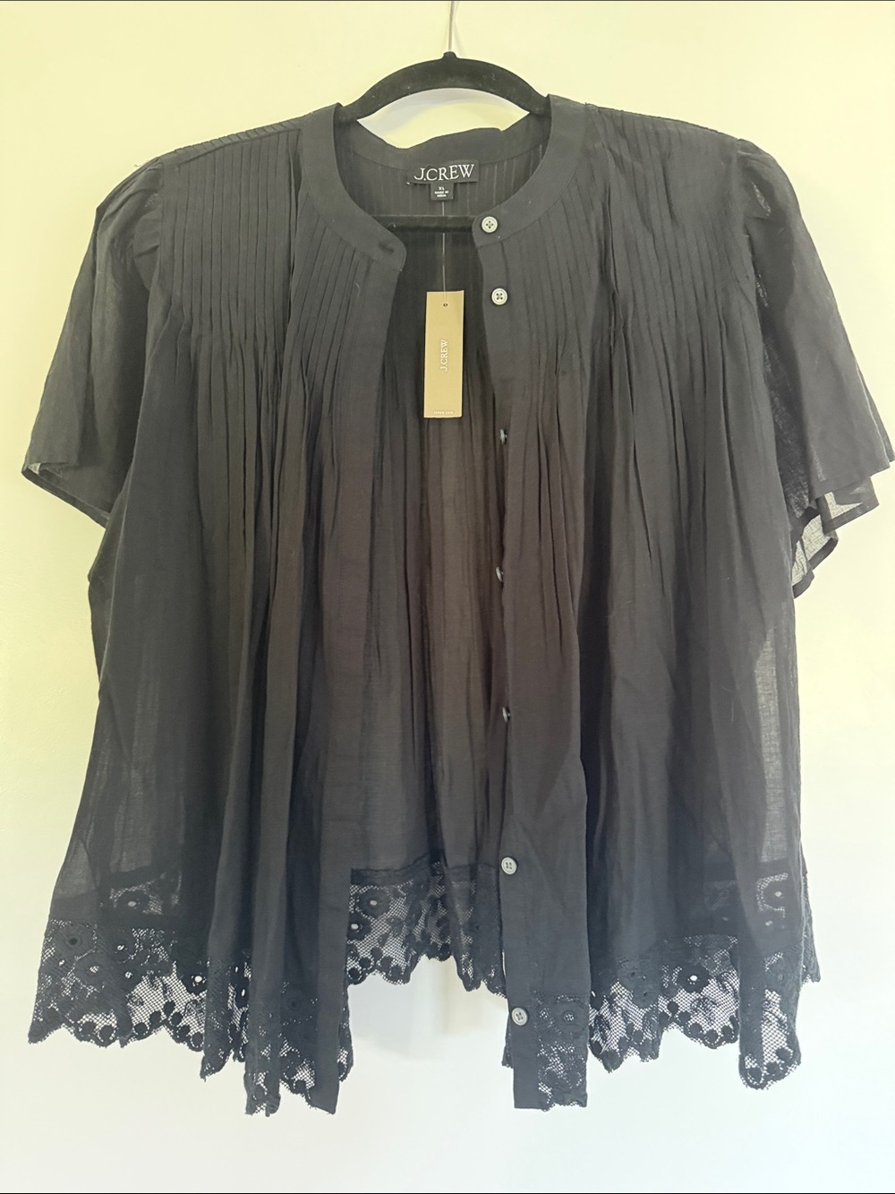 J. Crew Black Pleated Short Sleeve Blouse with Lace Hem